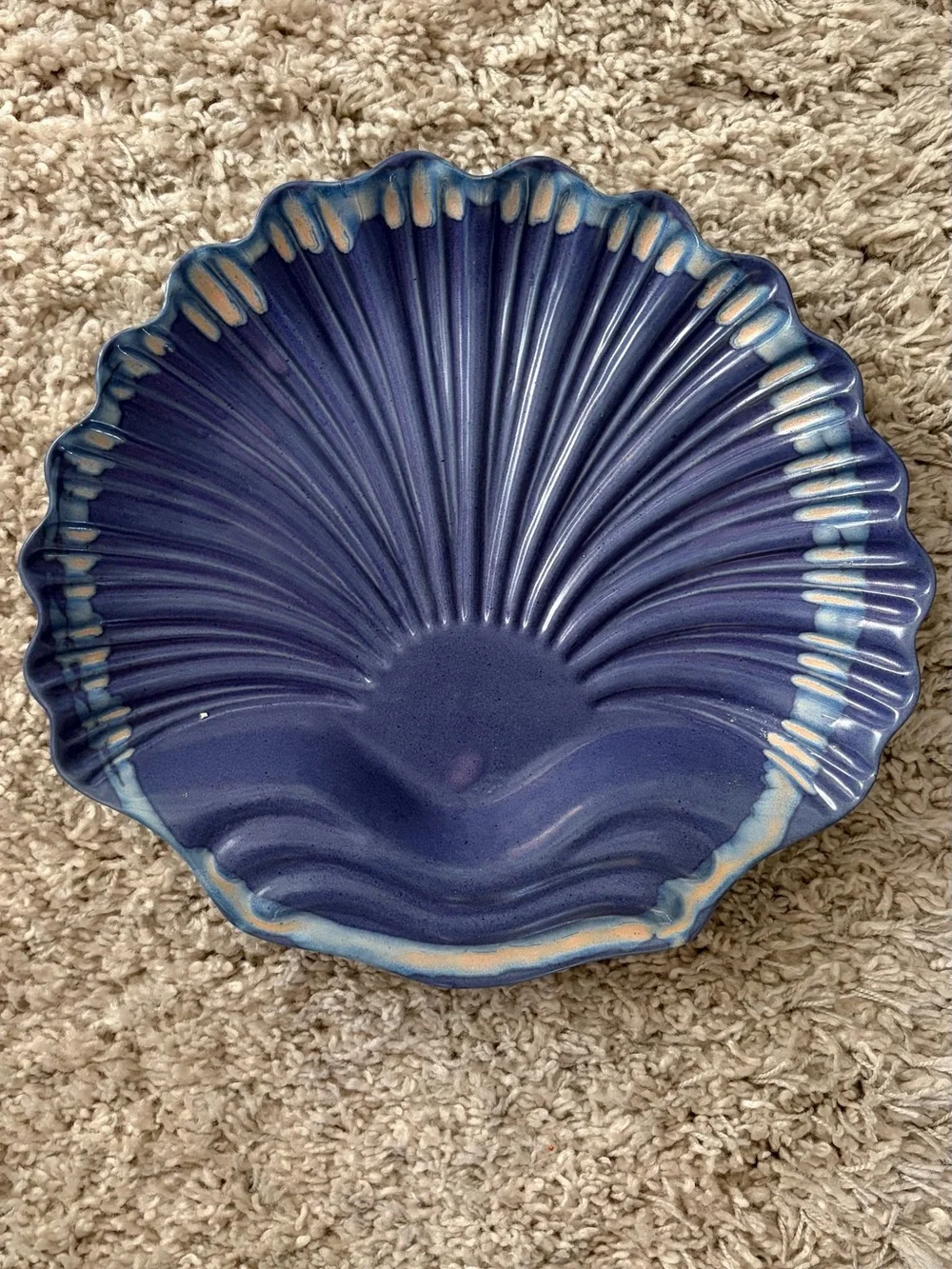 Handmade Pottery Scalloped Shell Ceramic Dish in Blue with Cream Accents